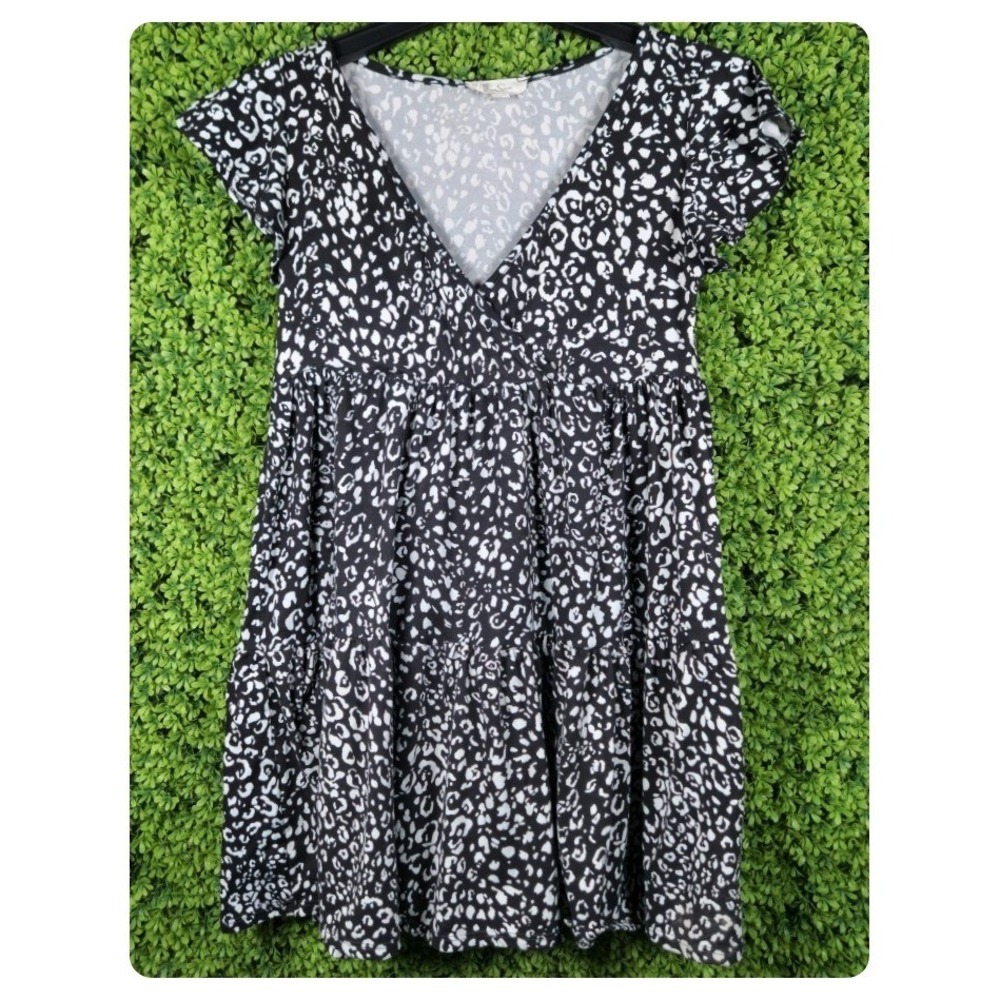 Jessica Simpson Black White Leopard Print Tiered Babydoll Mini Dress Medium - Picture 5 of 8